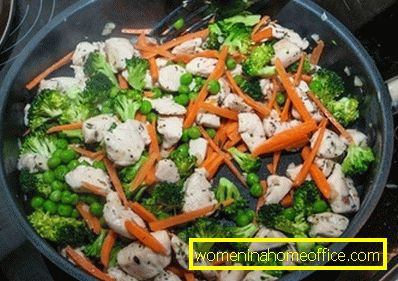 Fügen Sie Karotten, Erbsen in Dosen und Broccoli in die Hähnchenpfanne